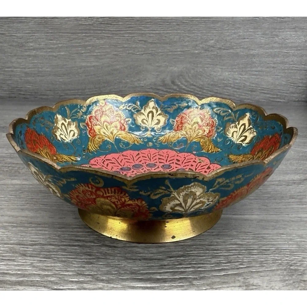 Vtg Brass‎ or Plated Bowl Trinket Dish w/ Peacock Floral Design India Scalloped